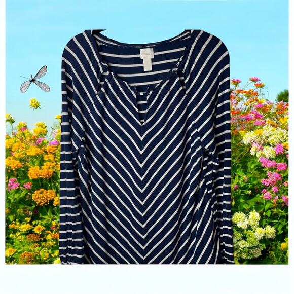 Chicos Sz 1 Medium Peasant Top Scoop Keyhole Neck Striped Peek A Boo Navy Blue - Picture 1 of 10